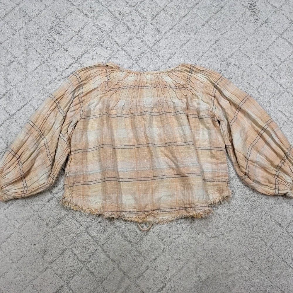 Free People Shirt Women's S Beige Plaid Cloudbreaker Oversized Boho Top Lace Up